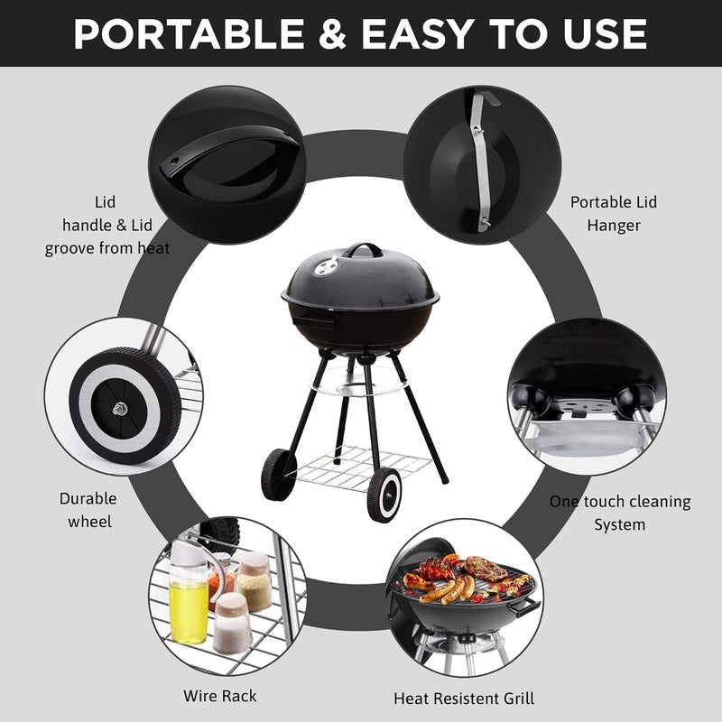 Papapacks 18 Inch Portable Charcoal Grill with Accessories for Outdoor Cooking Barbecue Camping BBQ Coal Kettle - Mini Grilling Utensil Includes Tongs, Spatula,Fork,Basting Brush, Scraper - Image 3